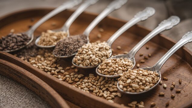A collection of five vintage silver spoons filled with healthy gluten-free seeds and grains