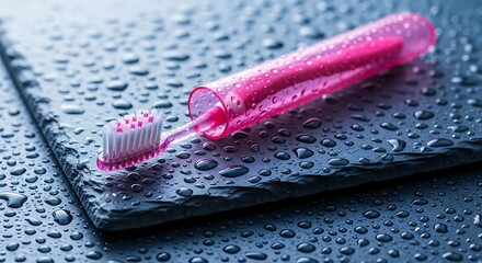 Pink Travel Toothbrush on Wet Dark Slate