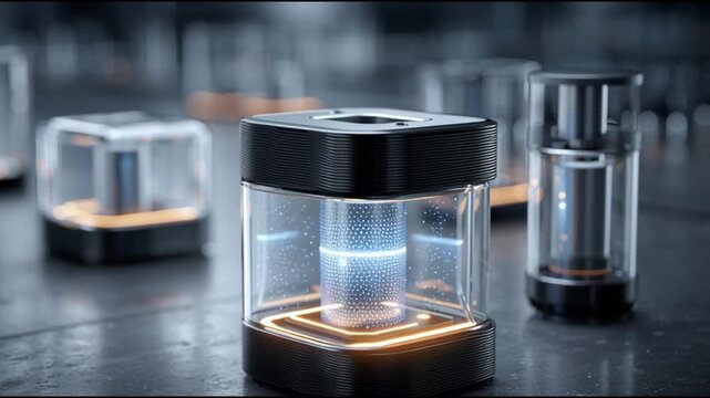 Graphene battery nanomaterial energy storage technology. Conductivity. Supercapacitor research. Modern transparent energy storage devices on a dark surface.