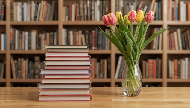 Stacks of books arranged on a table accompanied by a vase of tulips, ideal for a cozy reading nook - Powered by Adobe