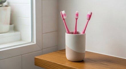 Three Pink Toothbrushes in a Cup on Wooden Shelf: Oral Hygiene