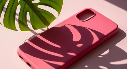 Pink Cell Phone Case with Leaf Shadow: Phone Protection Still Life