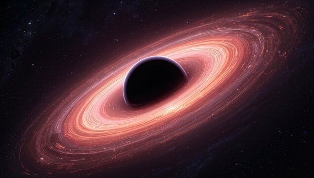 Giant Black Hole Encircled by a Radiant Plasma Accretion Disk in Deep Space. Artistic Representation of the Event Horizon. 3D Visualization. - Powered by Adobe