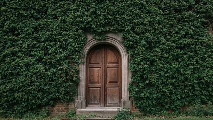 Obraz premium Facade of a building enveloped in green foliage with a classic wooden door frame, preservation