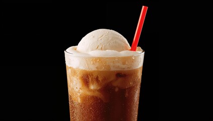Classic soda float with a red straw against a dark backdrop