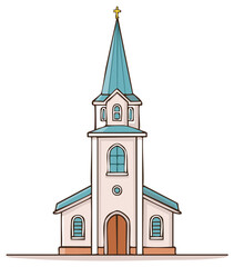 Fototapeta premium Cartoon church building with a tall steeple, cross, arched doors and windows.