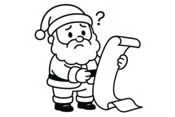 Santa claus cartoon holding a long confused christmas list, thinking about naughty nice children