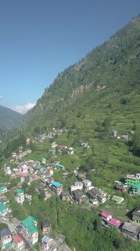 Drone video of Kasol town in Himachal Pradesh, a famous travel destination in north India.