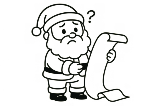 Santa claus cartoon holding a long confused christmas list, thinking about naughty nice children