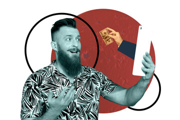 Trendy sketch collage of astonished man hold tablet freelance occupation hand dollar banknote...