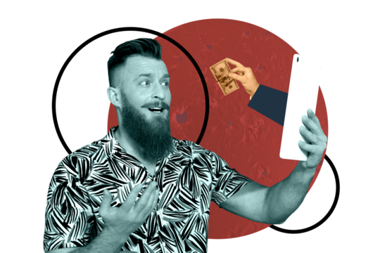 Trendy sketch collage of astonished man hold tablet freelance occupation hand dollar banknote transaction income mining capital