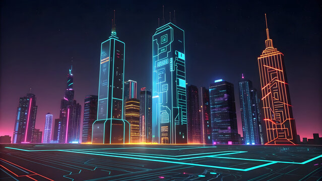 Neon circuit board cityscape at night with glowing skyscrapers and dark sky full hd 4k stock image download