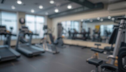 Fototapeta premium Blurred background of exercise equipment in a contemporary gym, emphasizing fitness environment