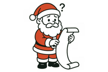 Santa claus holding a long scroll, looking confused with a question mark above his head, isolated on transparent background