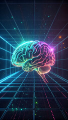 Glowing abstract digital brain with neon grid and data streams full hd 4k stock image download