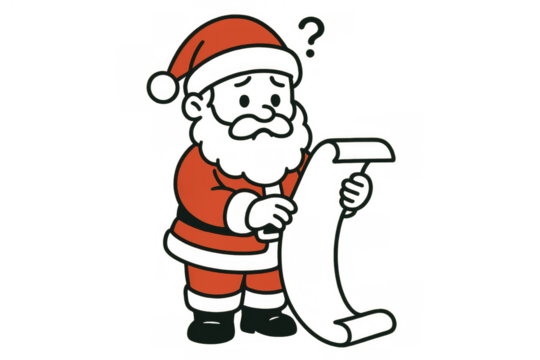 Santa claus holding a long scroll, looking confused with a question mark above his head, isolated on transparent background - Powered by Adobe