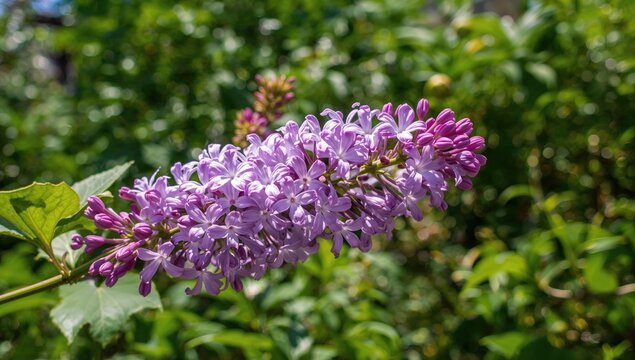 Lovely lilac blossom branch against a soft green leafy backdrop
