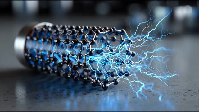 Graphene battery nanomaterial energy storage technology. Conductivity. Supercapacitor research. A stylized graphene structure with electric discharge effects.