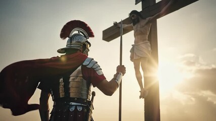 Roman soldier with spear watching Jesus on cross during ancient biblical times, christianity concept video