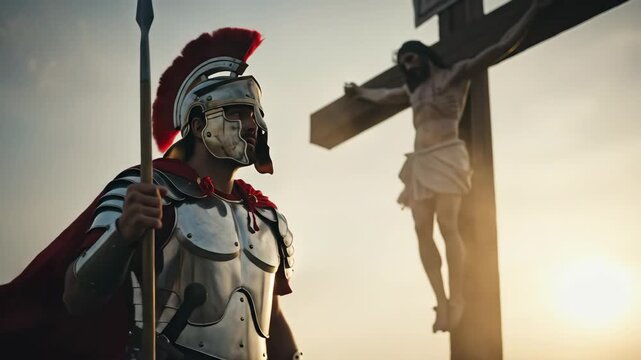 Roman soldier watching Jesus Christ on cross at sunset, ancient biblical times and Christian Easter concept footage.