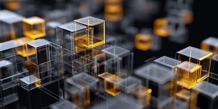Digital data structures composed of glowing translucent cubes populate a dark background.