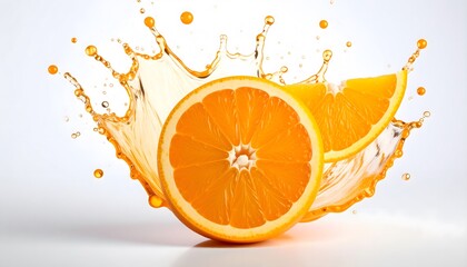 Vibrant Orange Slice with Juice Splash and Droplets on White Background