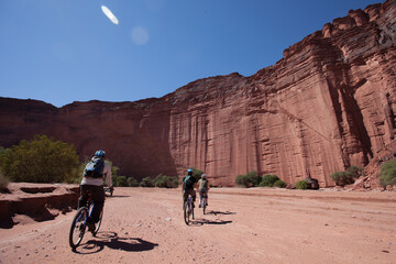 Group of bikers in Talampaya national Park in Argentine.