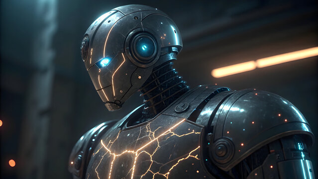 Dark metallic robot with glowing blue eyes and yellow crackling energy lines full hd 4k stock image download