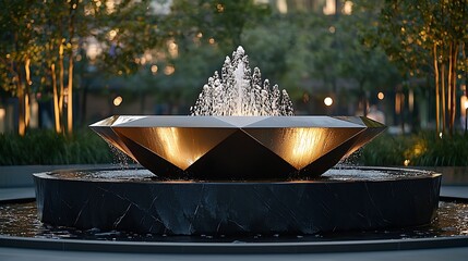 Elegant modern water feature with glowing geometric base and cascading water flow