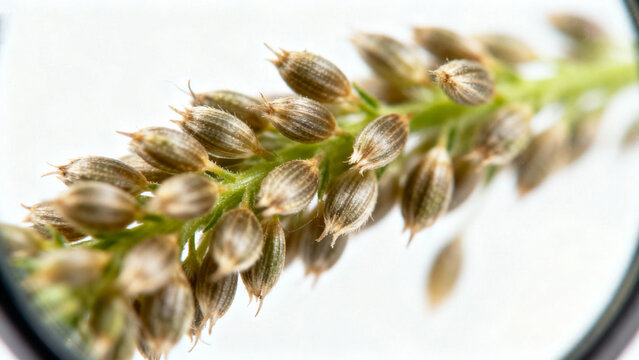 A cluster of psyllium seeds under magnification, showing their gel-like coating on a white background. gardening catalogs, home-decor guides, designed for gardening and botanical catalogs.