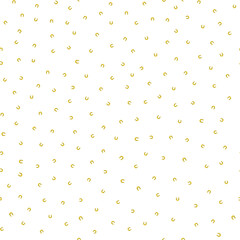 Ditzy gold horseshoes seamless vector pattern background. Tiny Irish lucky charms symbols tossed on white backdrop. Saint Patrick day celebration design for web, packaging.
