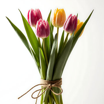 Fresh tulip bouquet tied with string on white background  