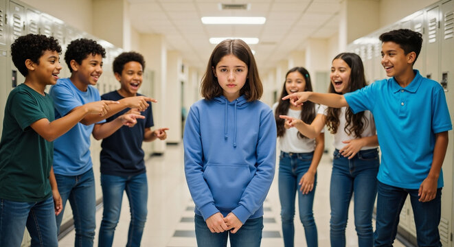 Group of kids laughing at classmate in school hallway, the students teasing a sad child. Scene depicts group of kids laughing at classmate, a vulnerable student struggling with bullying.
