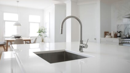 Contemporary white kitchen featuring an undermount sink and tap water, promoting a clean and bright atmosphere