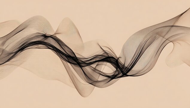 Black, flowing, wispy lines on a tan background. Abstract, dynamic design