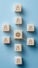 Naklejka premium Workflow Management, Team Coordination and Organizational Structure Concept with Gear and Person Icons, Business Process Integration and Collaborative Solutions, vertical bg