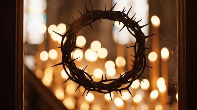 A crown of thorns symbolizing the Solemnity of Christ the King, with blurred golden lights in the background, shot through a doorway with a dark and contemplative mood.