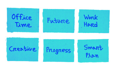 Handwritten Office Time, Future, and Creative Progress Concepts on Blue Sticky Notes