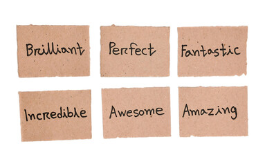 Handwritten Positive Adjectives and Compliments on Brown Cardboard Labels