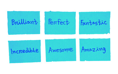 Handwritten Positive Adjectives and Compliments on Blue Sticky Notes