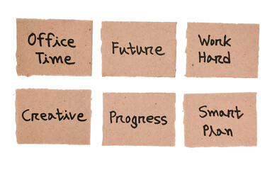 Handwritten Office Time, Future, and Creative Progress Concepts on Brown Cardboard Labels