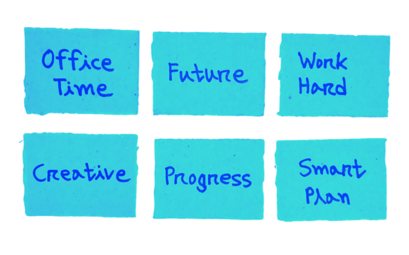 Handwritten Office Time, Future, and Creative Progress Concepts on Blue Sticky Notes