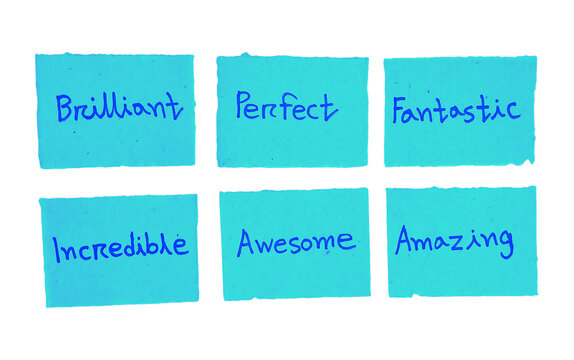 Handwritten Positive Adjectives and Compliments on Blue Sticky Notes