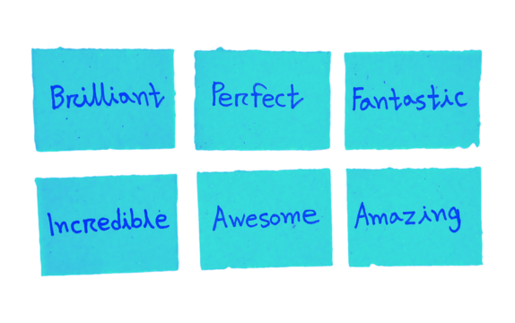 Handwritten Positive Adjectives and Compliments on Blue Sticky Notes - Powered by Adobe