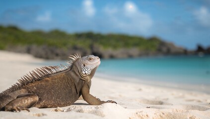Obraz premium Galapagos Marine Iguana Relaxing On A Coastal Shore, Erosion Risk