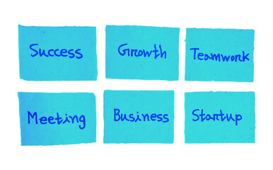 Handwritten  Success, growth, teamwork, meeting, business and startup Concepts on Blue Sticky Notes
