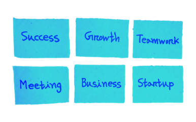 Handwritten  Success, growth, teamwork, meeting, business and startup Concepts on Blue Sticky Notes