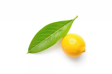 Single lemon and green leaf on a plain white background with cutout