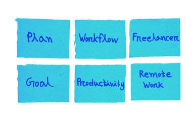 Handwritten Business Planning, Workflow, and Remote Work Concepts on Blue Sticky Notes