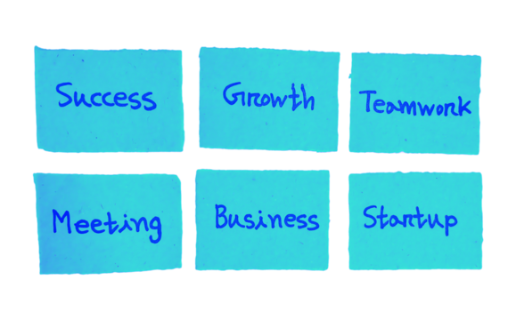 Handwritten Success, growth, teamwork, meeting, business and startup Concepts on Blue Sticky Notes